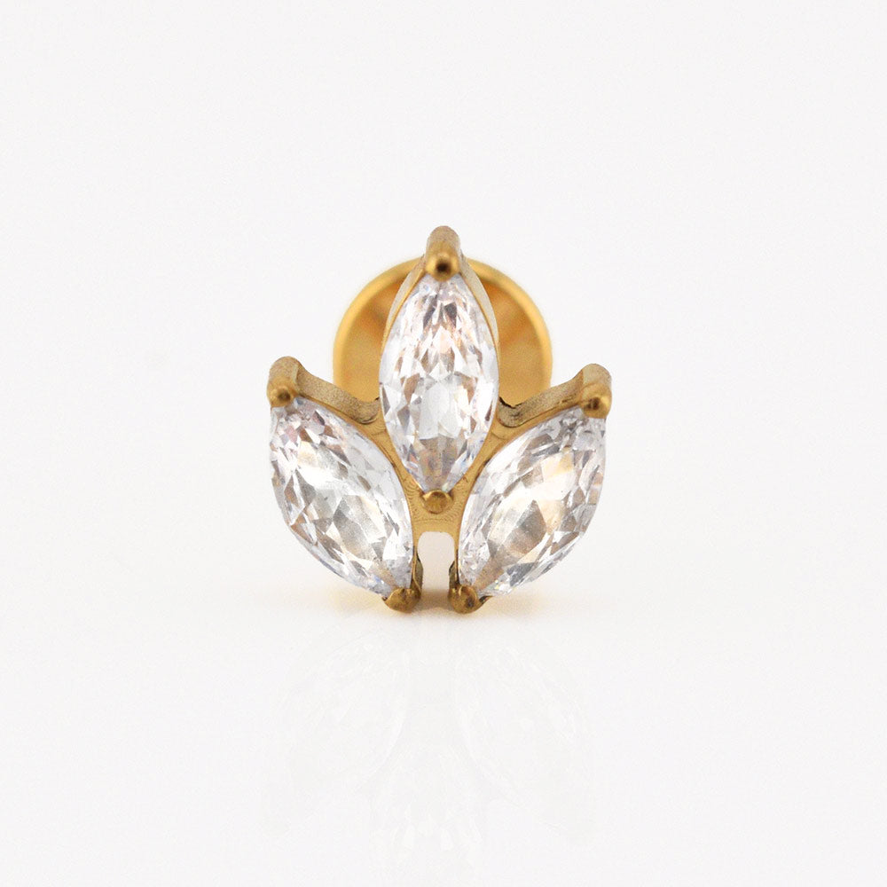 internally threaded gold titanium labret with 3 CZ crystals in leaf design