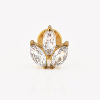 internally threaded gold titanium labret with 3 CZ crystals in leaf design