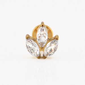 internally threaded gold titanium labret with 3 CZ crystals in leaf design