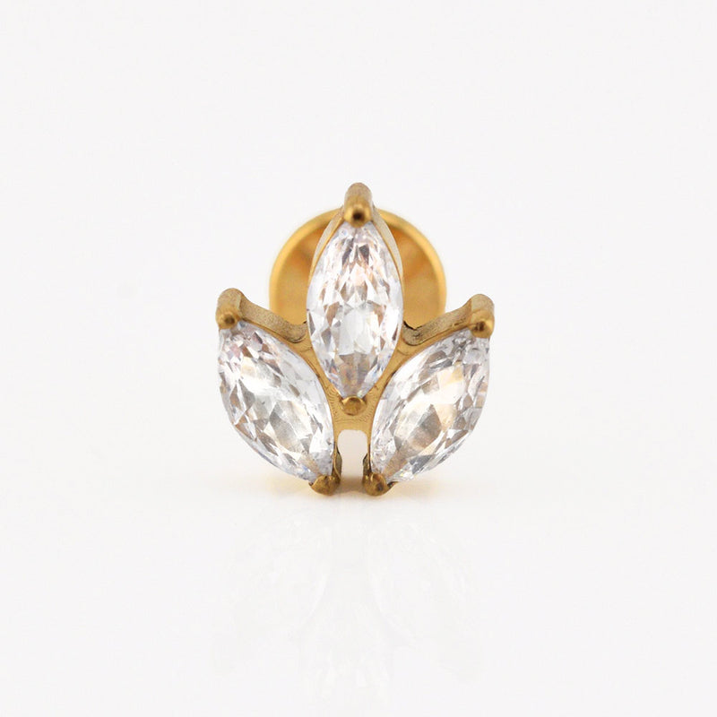 internally threaded gold titanium labret with 3 CZ crystals in leaf design