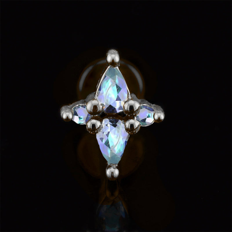 internally threaded labret jewellery with cross of AB stones