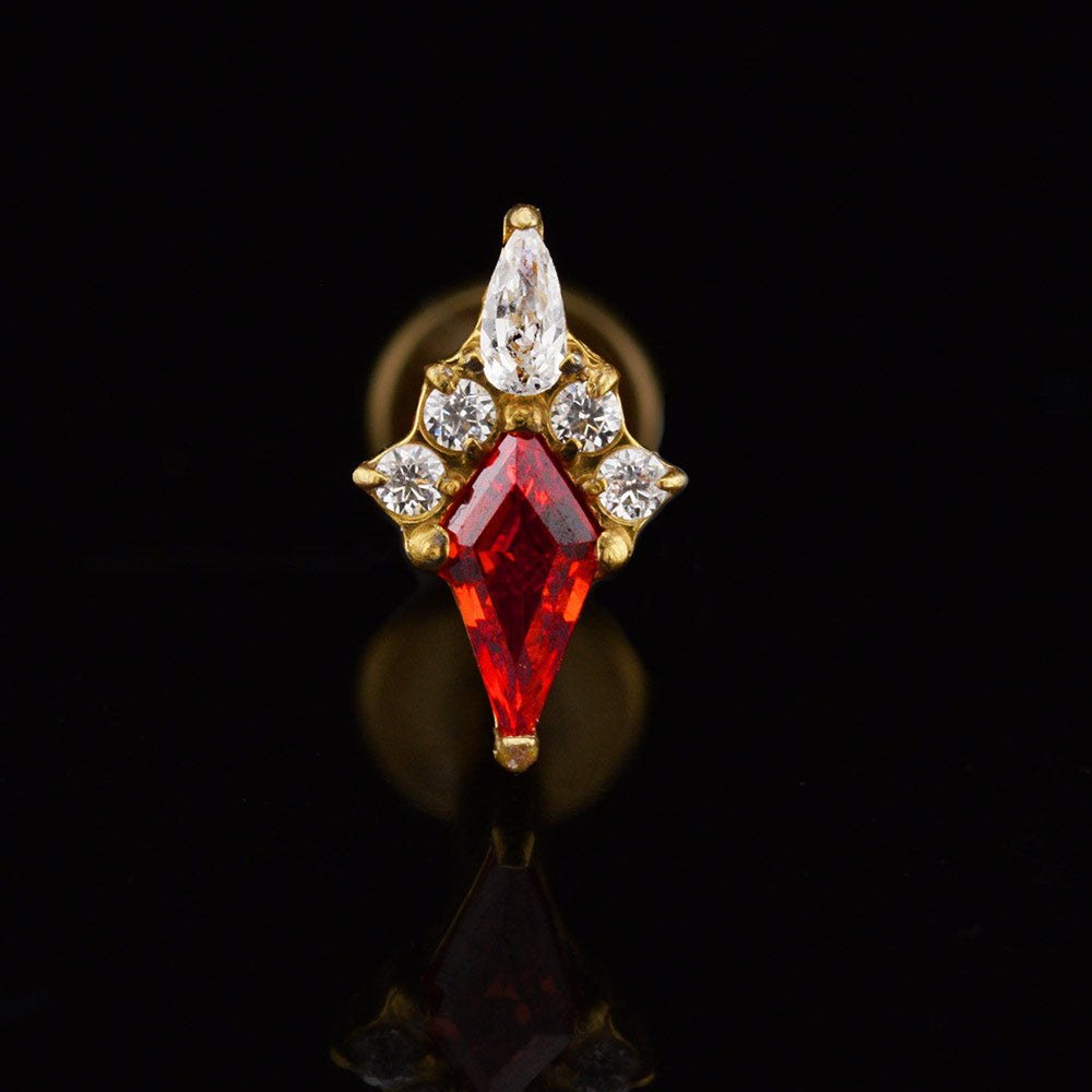 gold titanium labret piercing with garnet red marquise stone and CZ jewel cluster