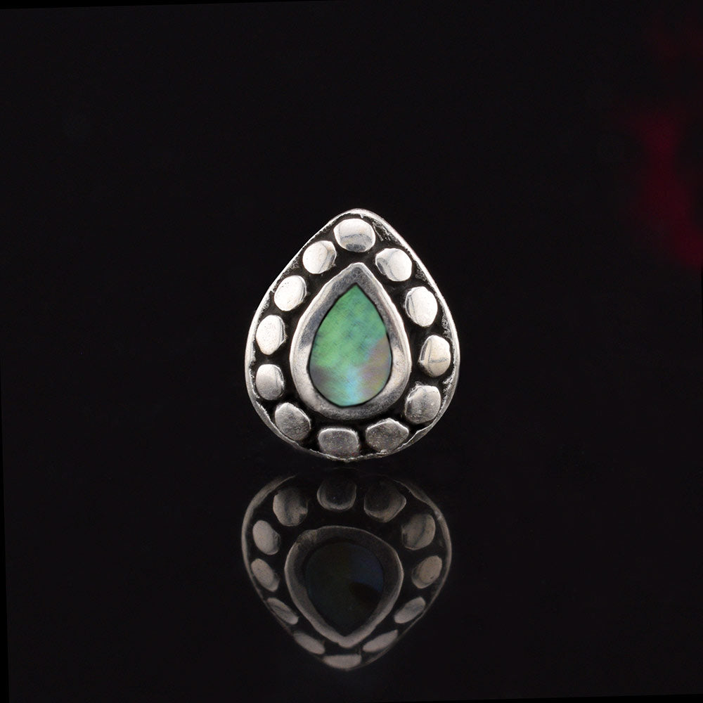 silver teardrop labret piercing stud with abalone and tribal dots
