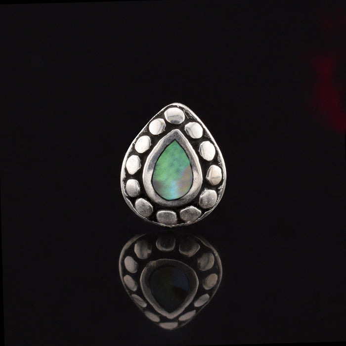 silver teardrop labret piercing stud with abalone and tribal dots
