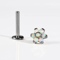A threadless titanium labret post and end with 6 opal stones on a white background