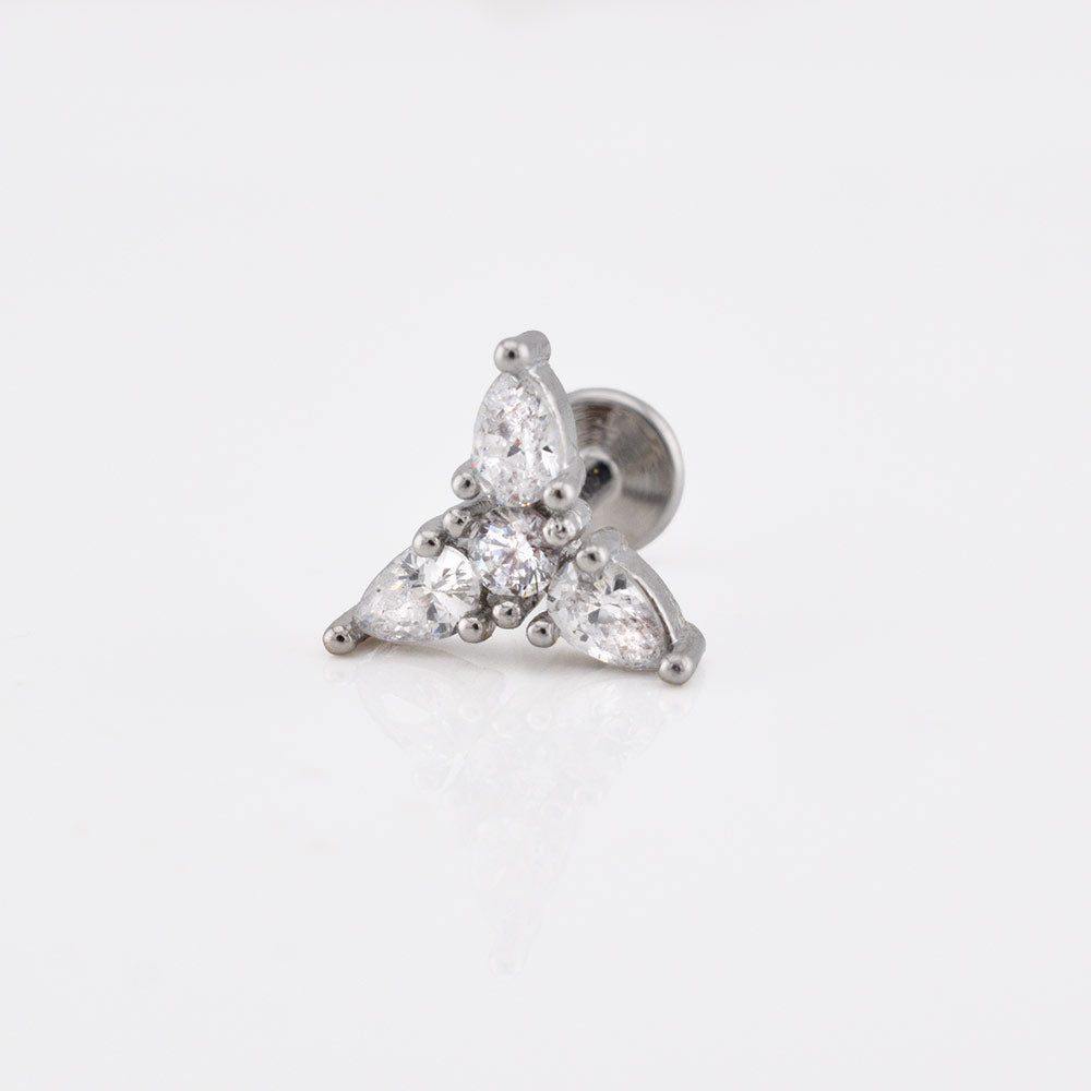 A silver triangular labret stud earring featuring three marquise-cut clear gemstones, shown on a clean white background.