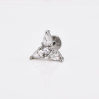 A silver triangular labret stud earring featuring three marquise-cut clear gemstones, shown on a clean white background.