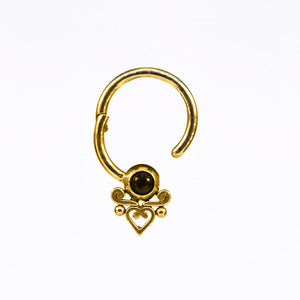 Gold Hinged Piercing Ring with Heart Filigree and Onyx Stone