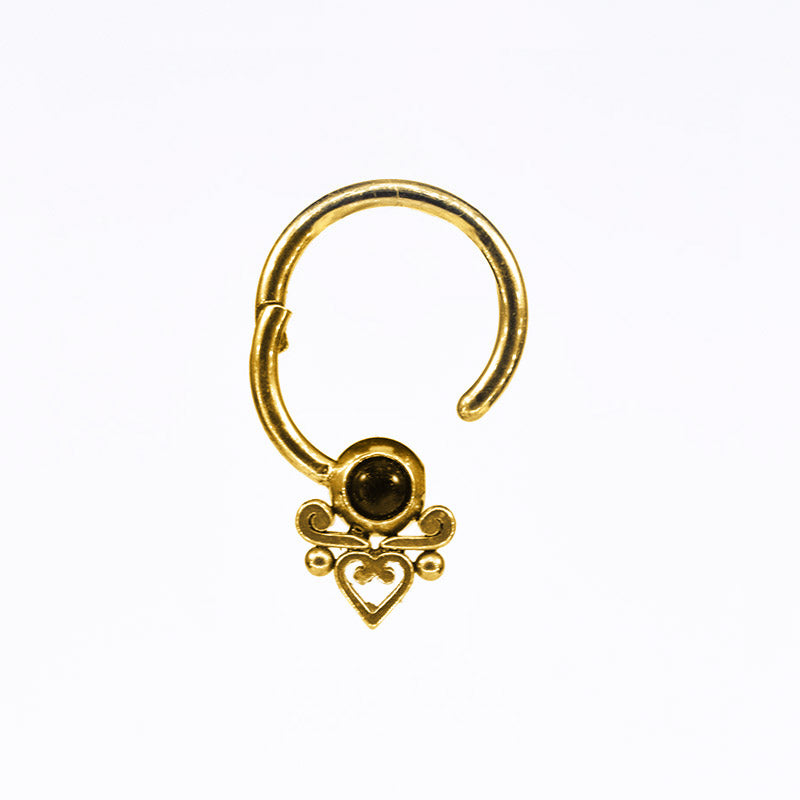 Gold Hinged Piercing Ring with Heart Filigree and Onyx Stone