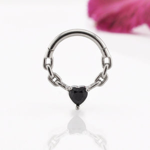 black heart on chain segment clicker ring for ear and septum piercings