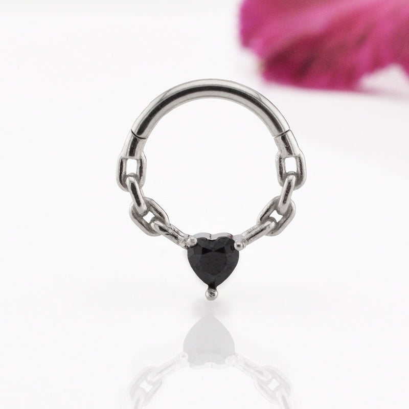 black heart on chain segment clicker ring for ear and septum piercings