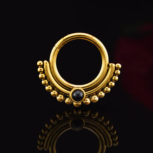 tribal indian hinged segment clicker ring in gold steel with black onyx stone