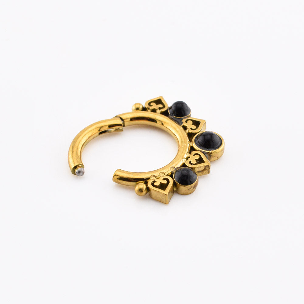 'Kala' Onyx and Heart Filigree Clicker RIng