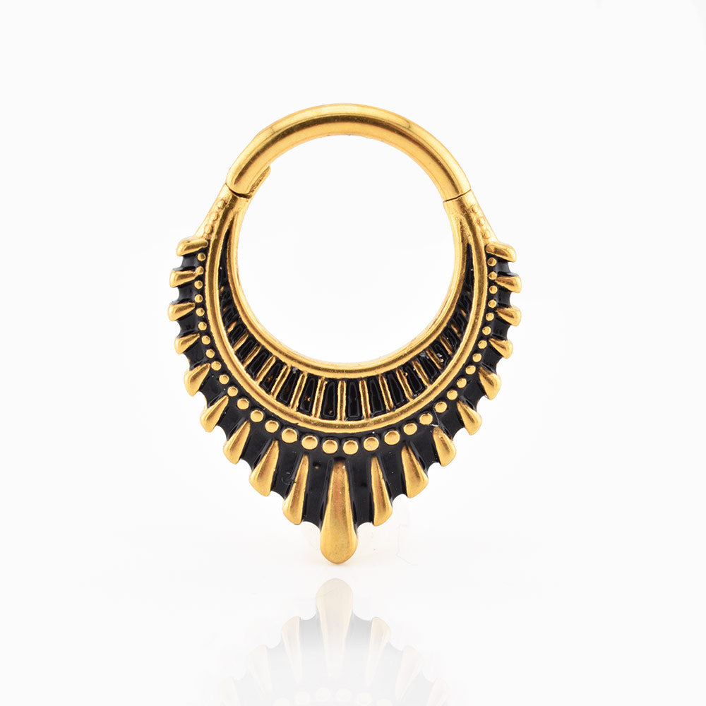 clicker ring for septum and ear piercings, a boho art deco design in gold surgical steel on a white background
