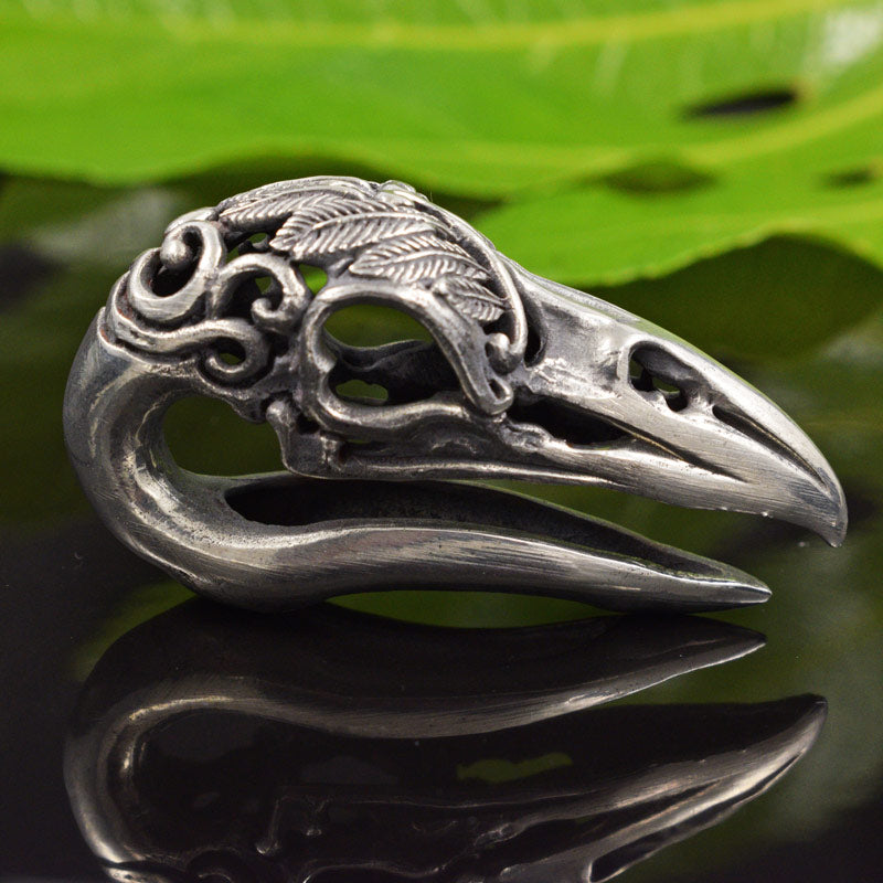 Bird Skull Ear Weight Carved Crow Design with Feathers