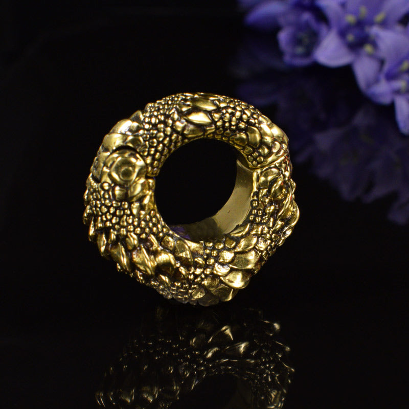 Dragon or reptile scale ear weight, hinged ear weight in golden brass