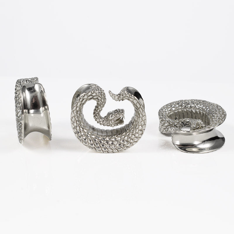 serpent plugs in silver, snake ear saddle flesh plugs
