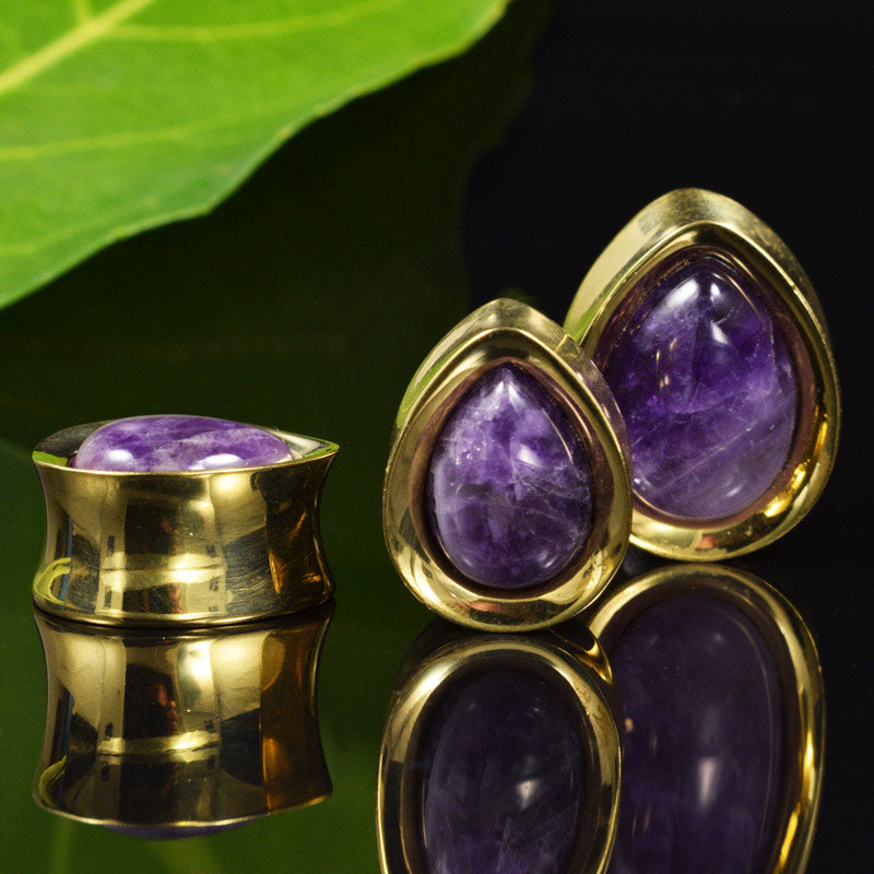 Brass Teardrop Plugs with Amethyst Stone 