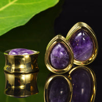 Brass Teardrop Plugs with Amethyst Stone 