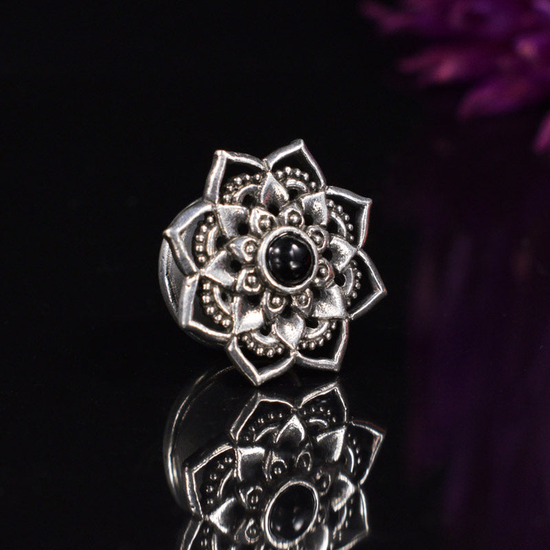 White Brass Mandala Plugs with Onyx Stone 