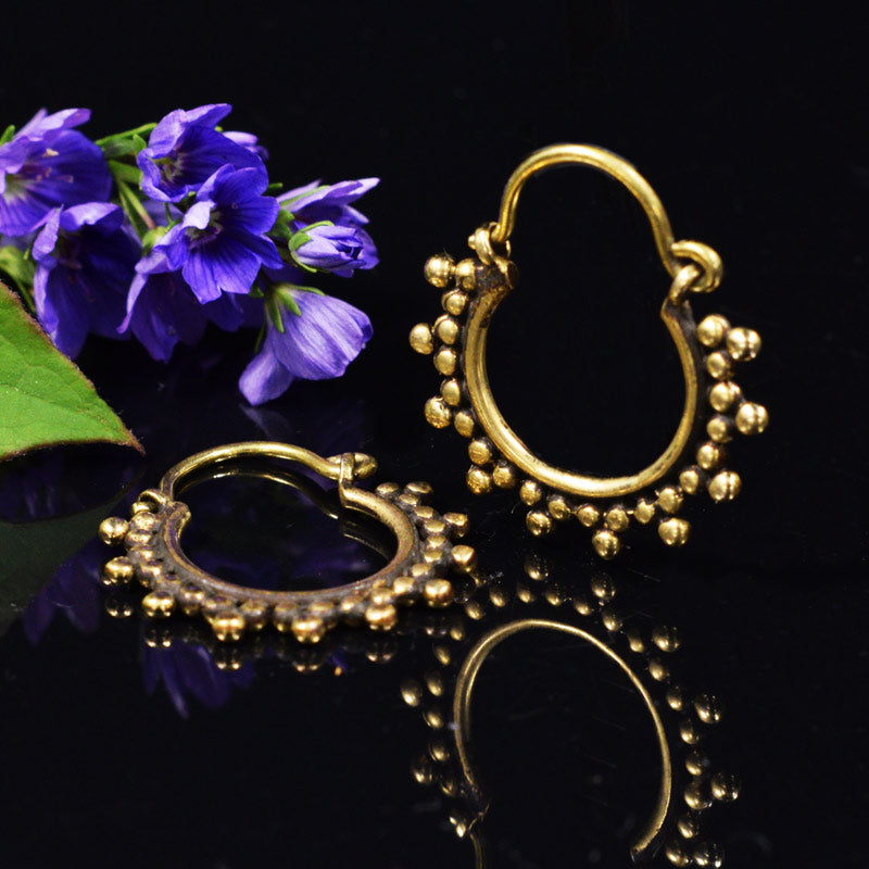 small tribal hoop earrings in brass with dots