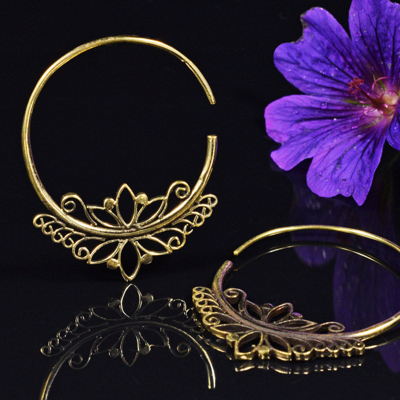 Tribal Style Ornate Brass Hoop Earrings 