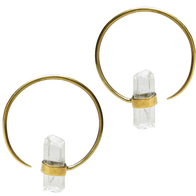 Quartz Crystal Brass Hoop Earrings