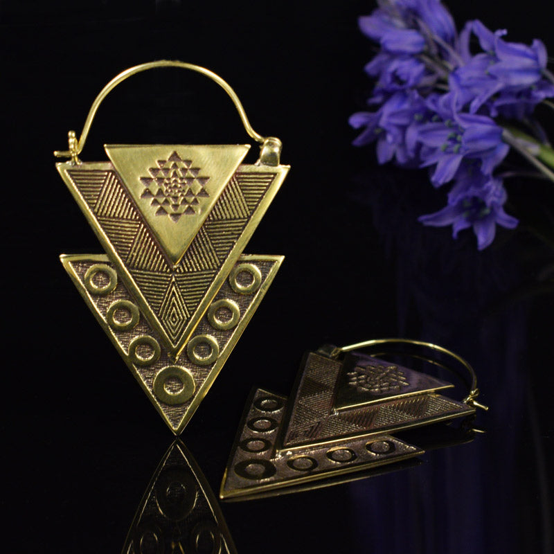 Sri Yantra Earrings in Brass, Unique,