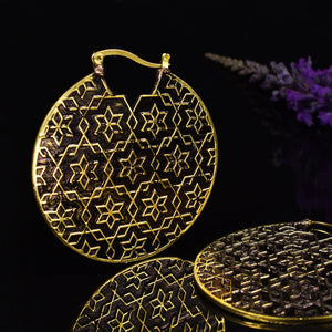 Sacred Geometry Disc Earrings in Brass, Six fold Star Design