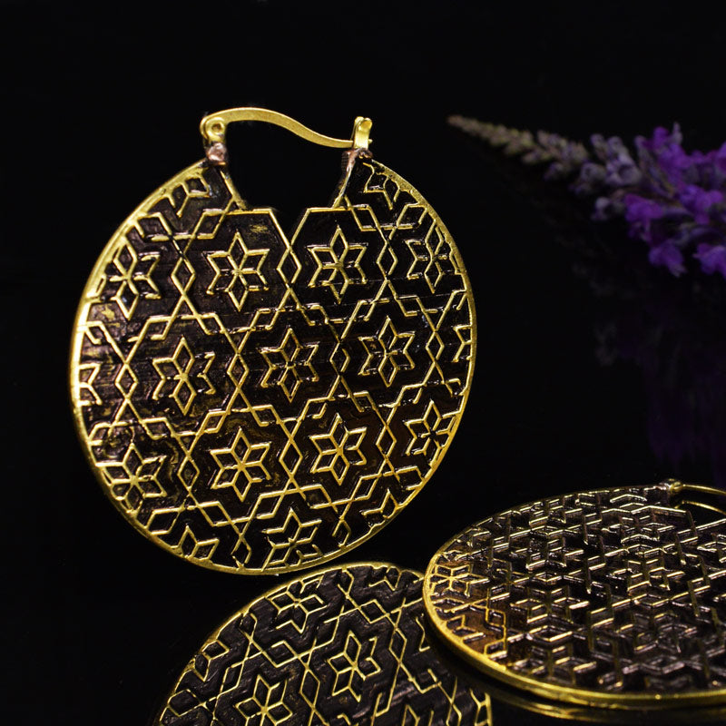 Sacred Geometry Disc Earrings in Brass, Six fold Star Design