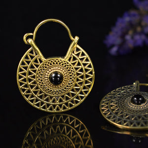 Brass Earrings, Aztec Design, Onyx Stone