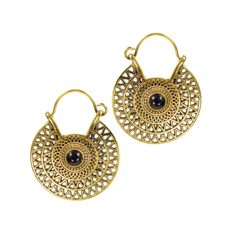 Pair of Alternative Earrings, Aztec Design with Onyx Stone