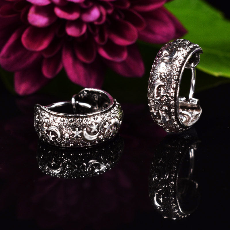 Silver Hoop Earrings with Moon and Stars 