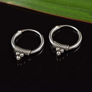 Bali Style Silver Hoop Earrings with Triple Dots