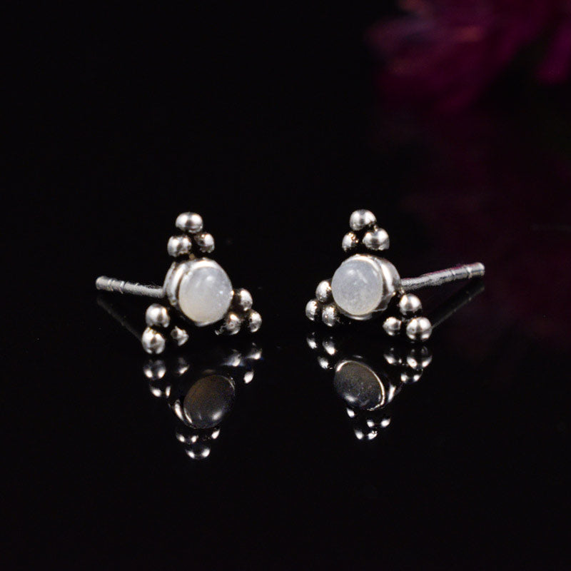 Moonstone Earrings, Silver Stud Earrings with Triple Dots
