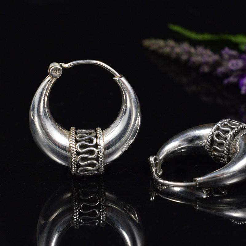 Indian Silver Kundal Earrings, Tribal, Bali, Hoops