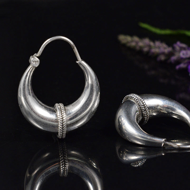 Indian Silver Earrings, Crescent, Hoops, Kundal