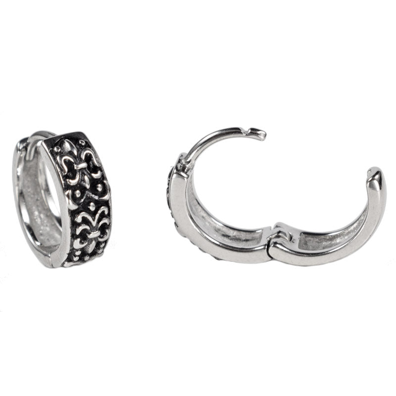 Steel Huggies Earrings with Fleur-de-lis design
