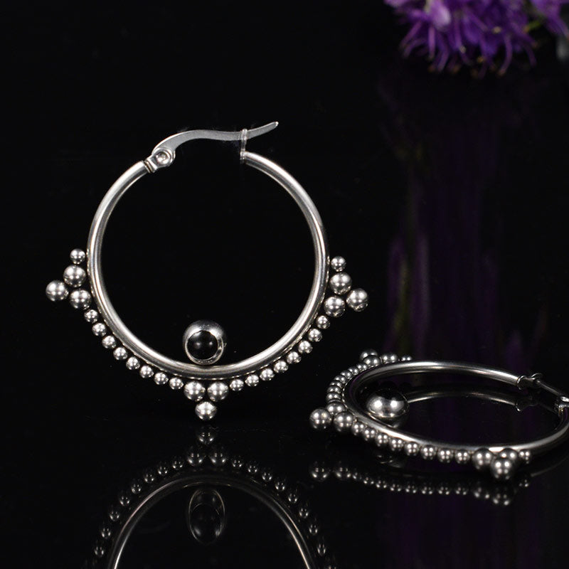 Ethnic style hoop earrings with tribal dots design and black onyx stone