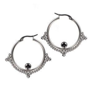 Ethnic style hoop earrings with tribal dots design and black onyx stone