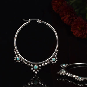 Ethnic hoop earrings with tribal dots design and turquoise stones