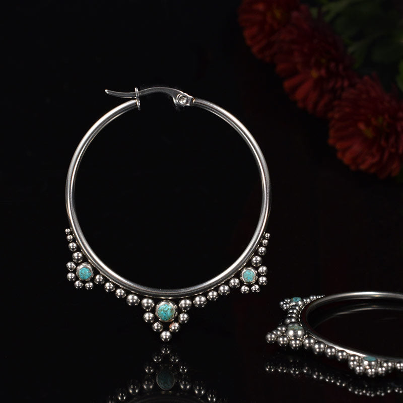 Ethnic hoop earrings with tribal dots design and turquoise stones