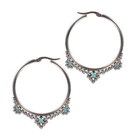 Ethnic hoop earrings with tribal dots design and turquoise stones
