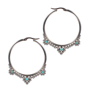 Ethnic hoop earrings with tribal dots design and turquoise stones