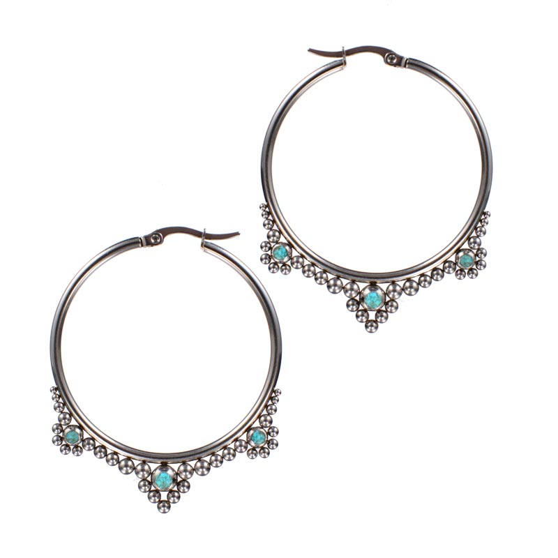 Ethnic hoop earrings with tribal dots design and turquoise stones