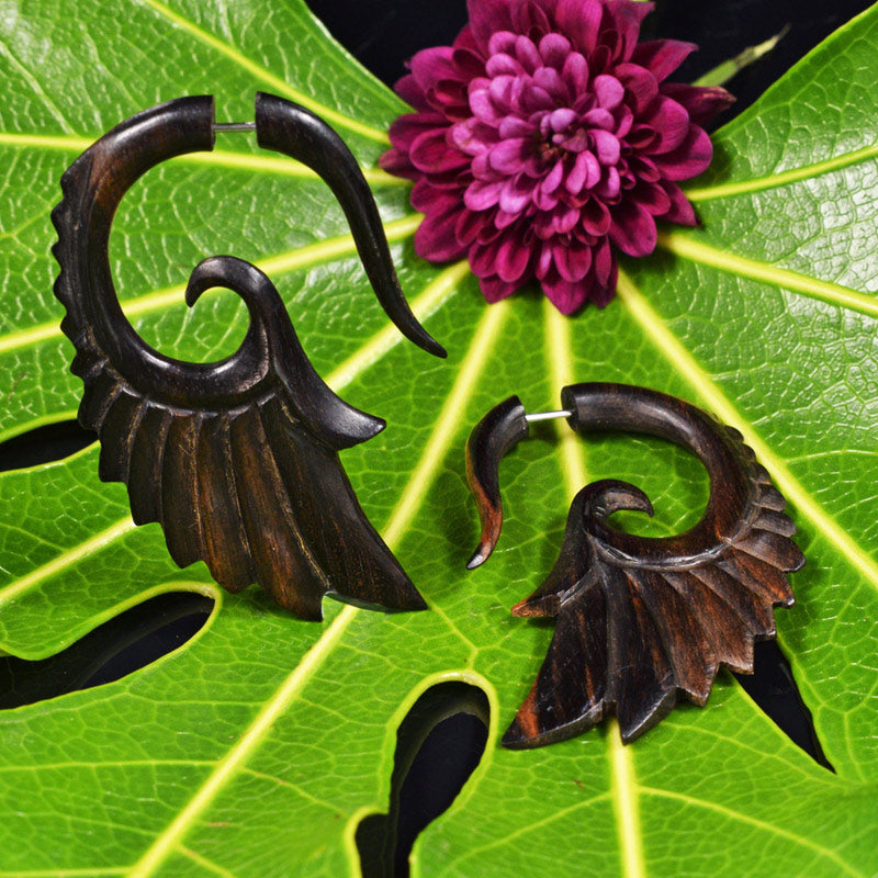Wooden Seraphim Wing Tribal Earrings 