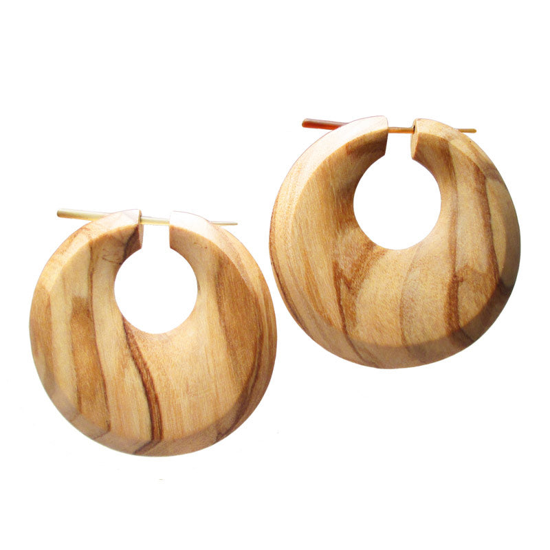 Large Olive Wood Tribal Discus Earrings