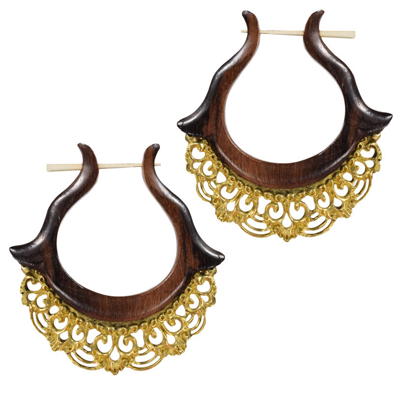 Wooden Earrings with Balinese Brass Filigree