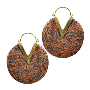 wooden earrings with brass clasp, engraved paisley design