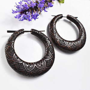 Wooden Earring Hoops with Engraved Mandala Design